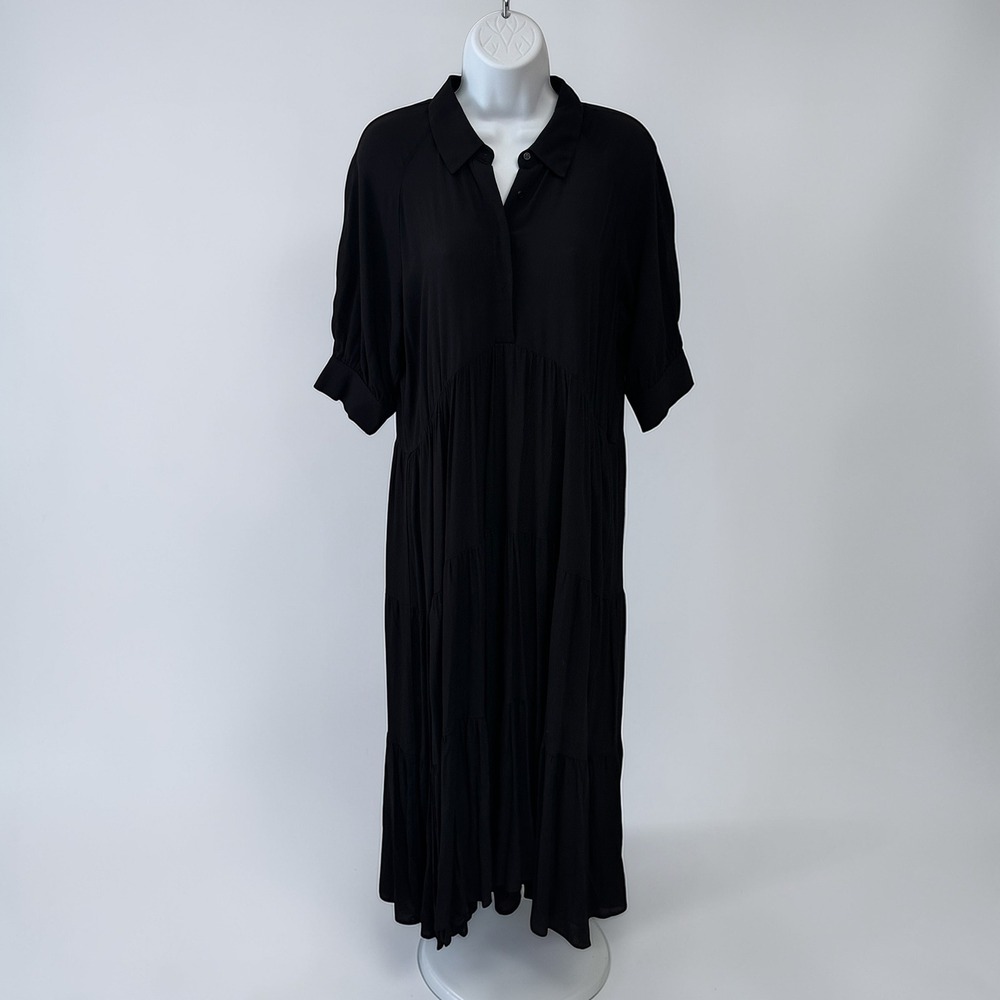 A Loves A Button Down Cuff Sleeve Tiered Waistless Midi Shirt Dress Size M Black - Picture 2 of 11